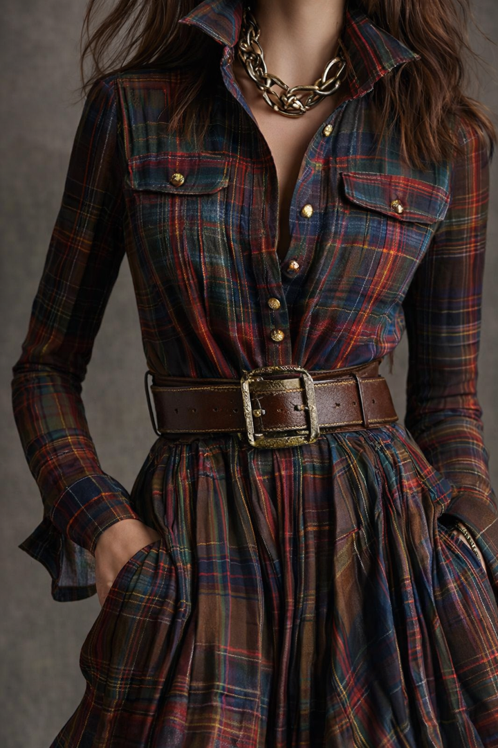 Beatriz - Vestido largo de cuadros con cinturón