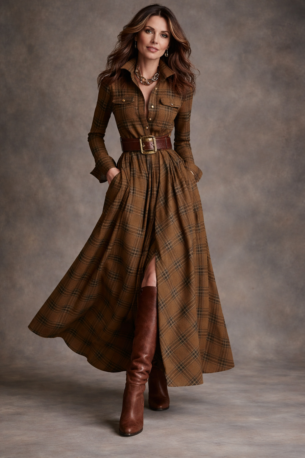 Beatriz - Vestido largo de cuadros con cinturón