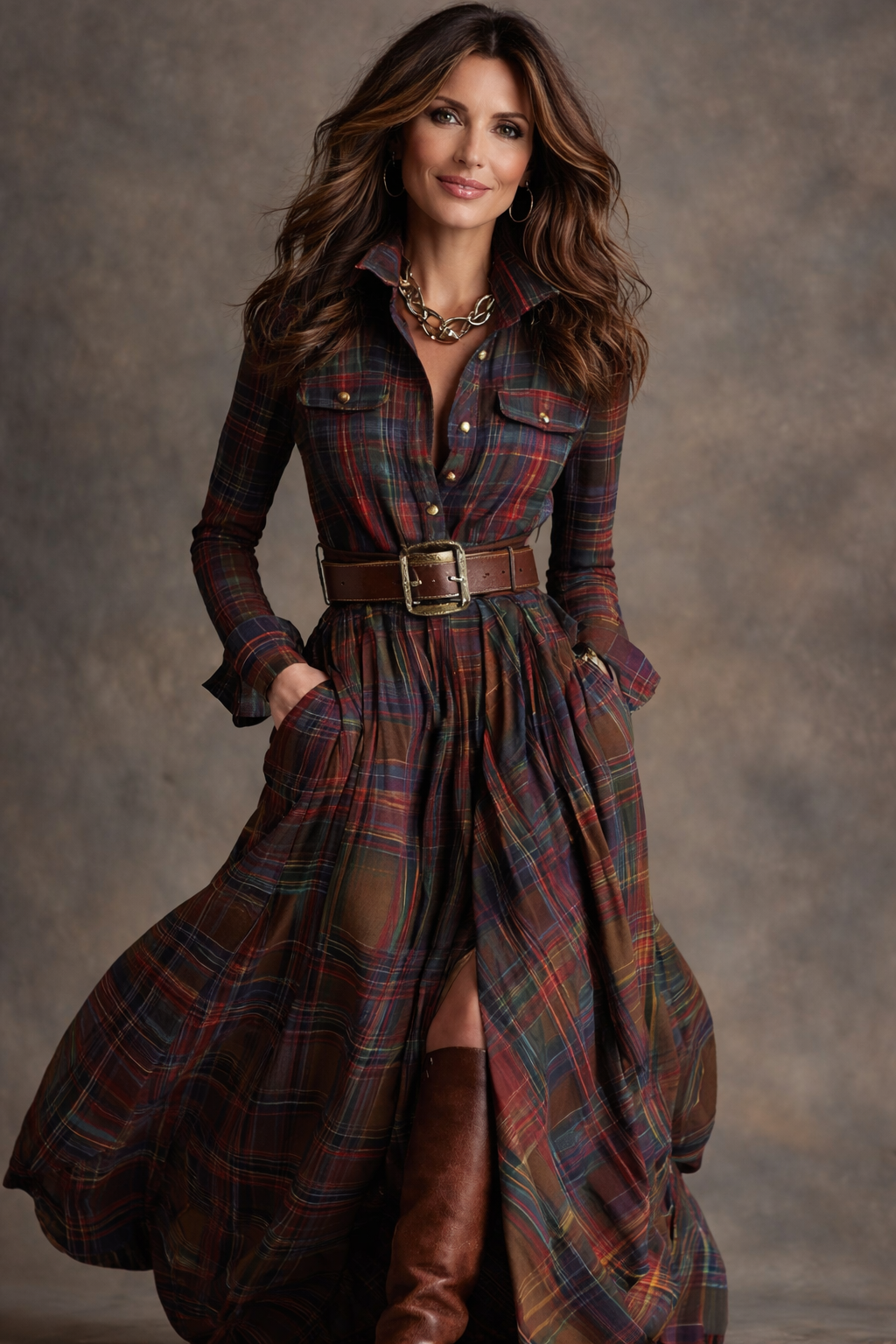 Beatriz - Vestido largo de cuadros con cinturón