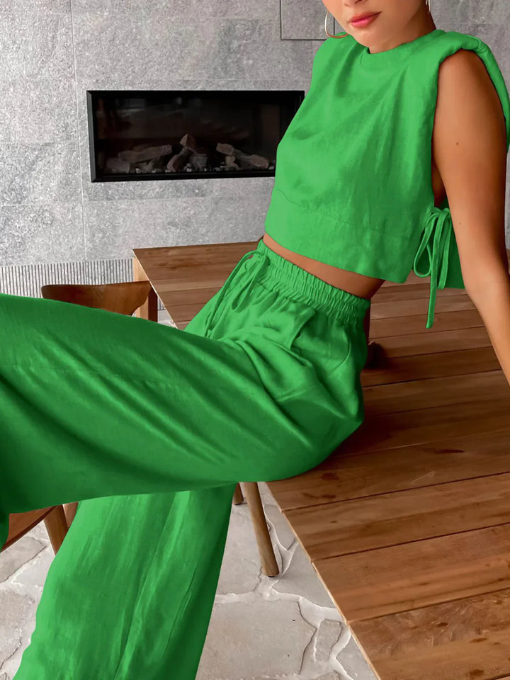 Bárbara - Conjunto Útil de Lino de dos Piezas con Pantalón de Pierna Ancha