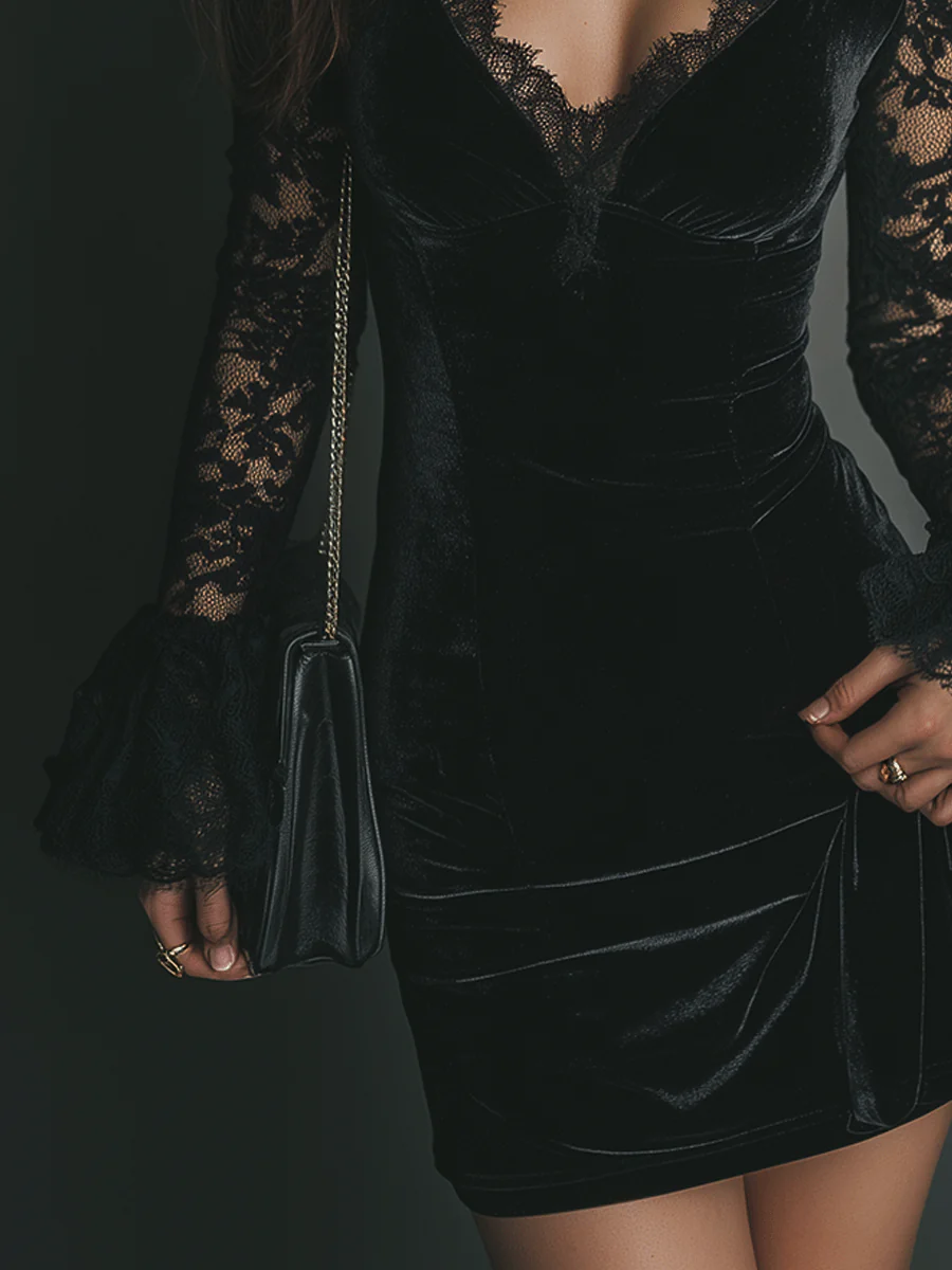 Lunori™ | Vestido mini de terciopelo y encaje Luna